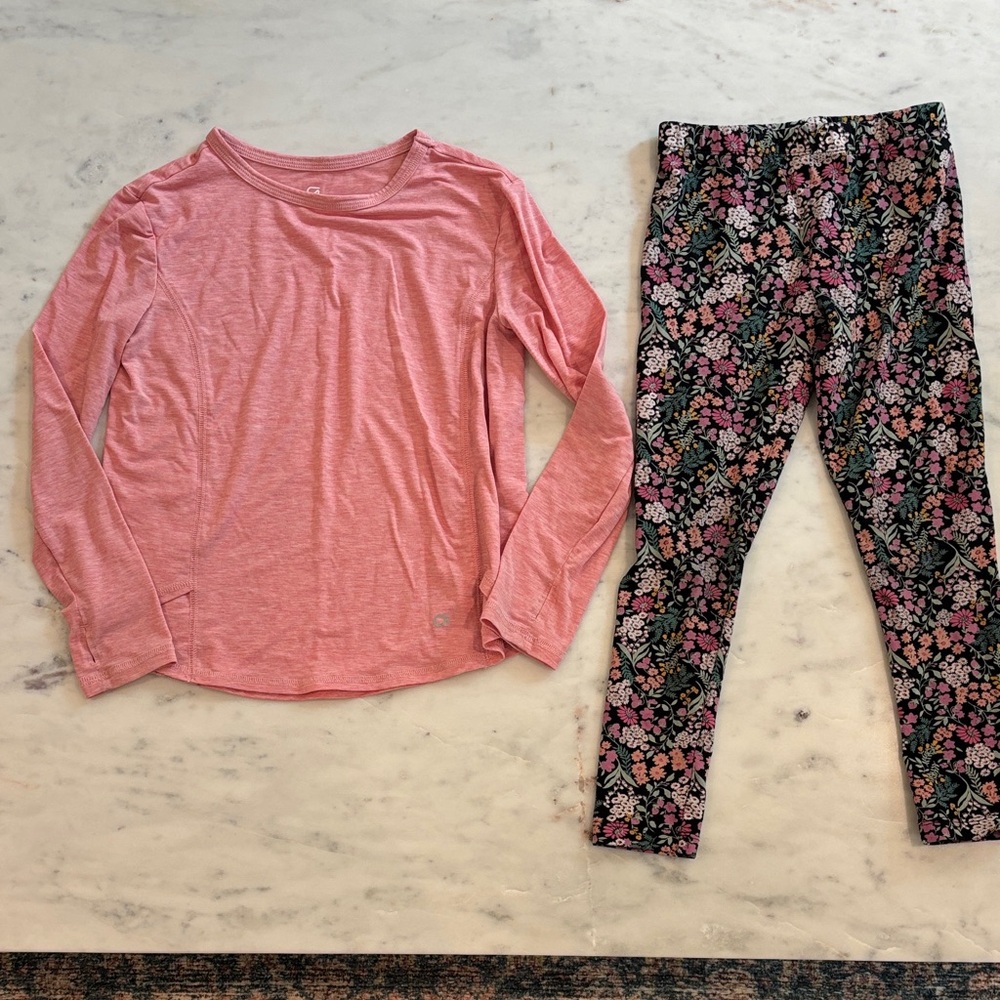 BUNDLE - Pink Long Sleeve Top and Floral Leggings Set (girls size S)